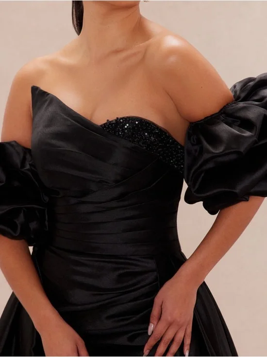 Off-Shoulder Black Satin Evening Gown with Puff Sleeves - Picture 3 of 4